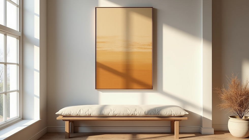 Eye-level view of a minimalist living room with a large textured canvas in muted ochre tones above a wooden bench