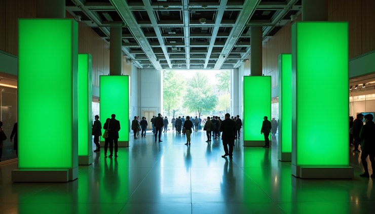Wide angle view of Barcelona conference center decorated for MWC 2026 with green tech banners