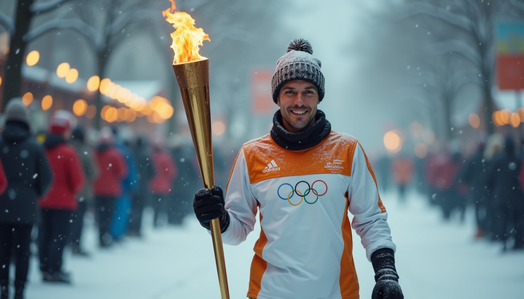 Eye-level view of Olympic Torch Relay passing through a snowy Italian village