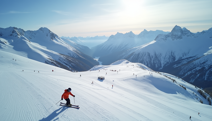 High angle view of Cortina d'Ampezzo ski slopes with athletes training