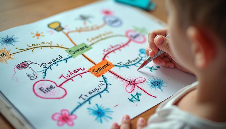 Eye-level view of colorful mind map on paper with child’s drawings and notes