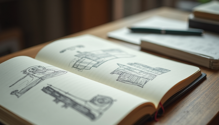 High angle view of a notebook with handwritten notes and sketches