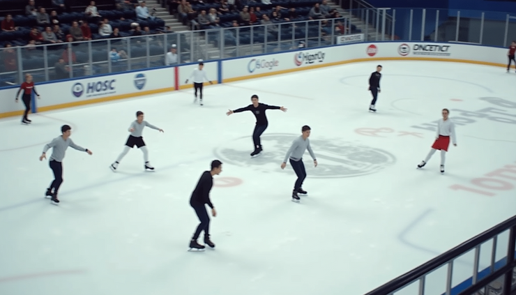 High angle view of the ice rink with skaters practicing jumps before the Free Skate event