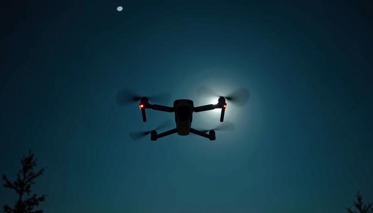 Close-up view of AI-driven drone formation creating the Indian national emblem in the sky