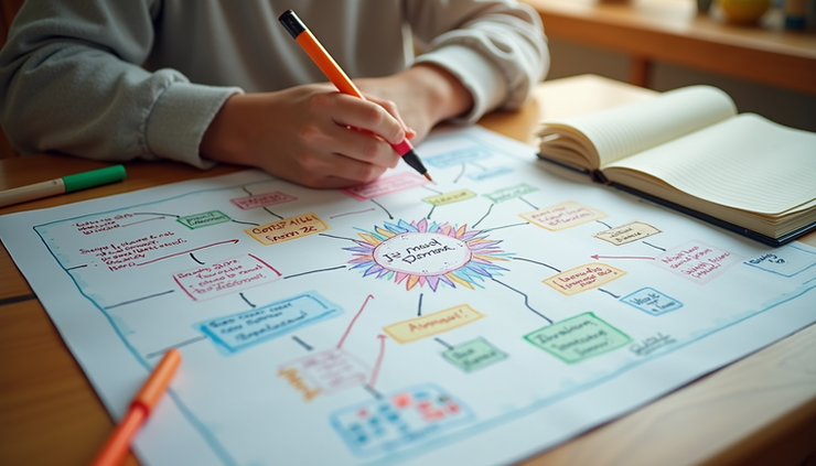 High angle view of child’s desk with colorful mind map, markers, and notebook