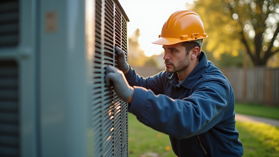 Eye-level view of a technician inspecting an HVAC unit outside a residential home