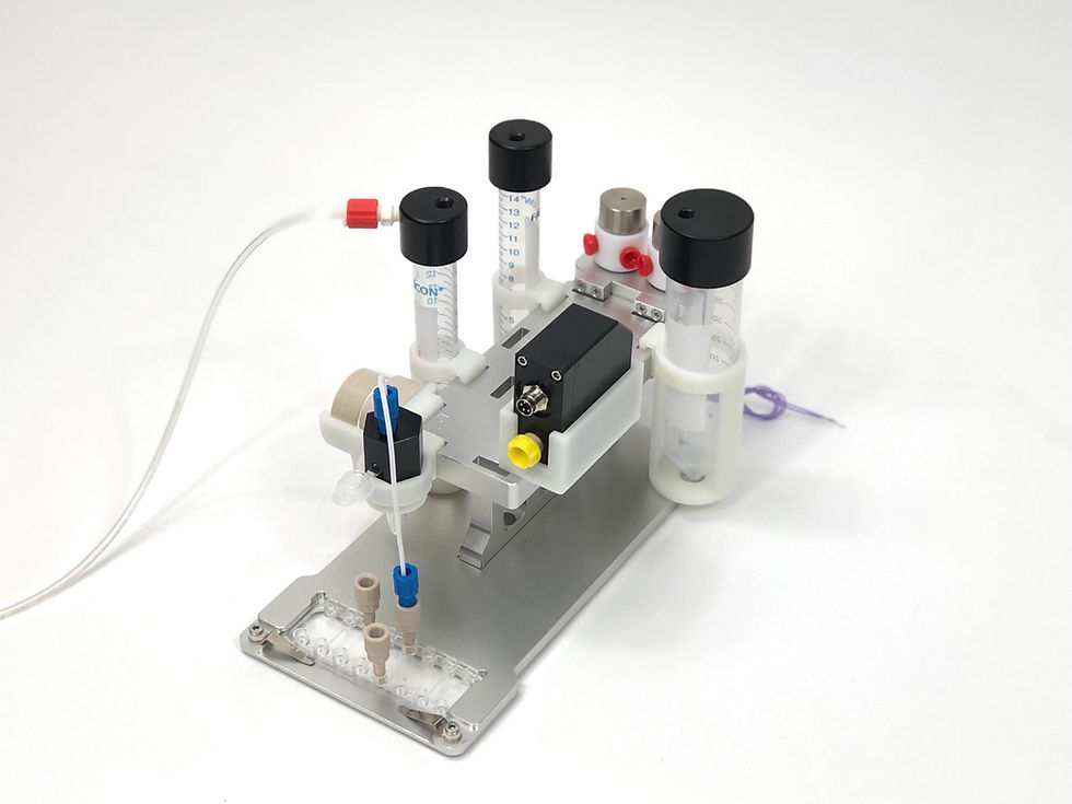 Thumbnail: Microfluidic Mount, Holding Chips, FlowSensors, Reservoirs, Bubble Traps, Valves