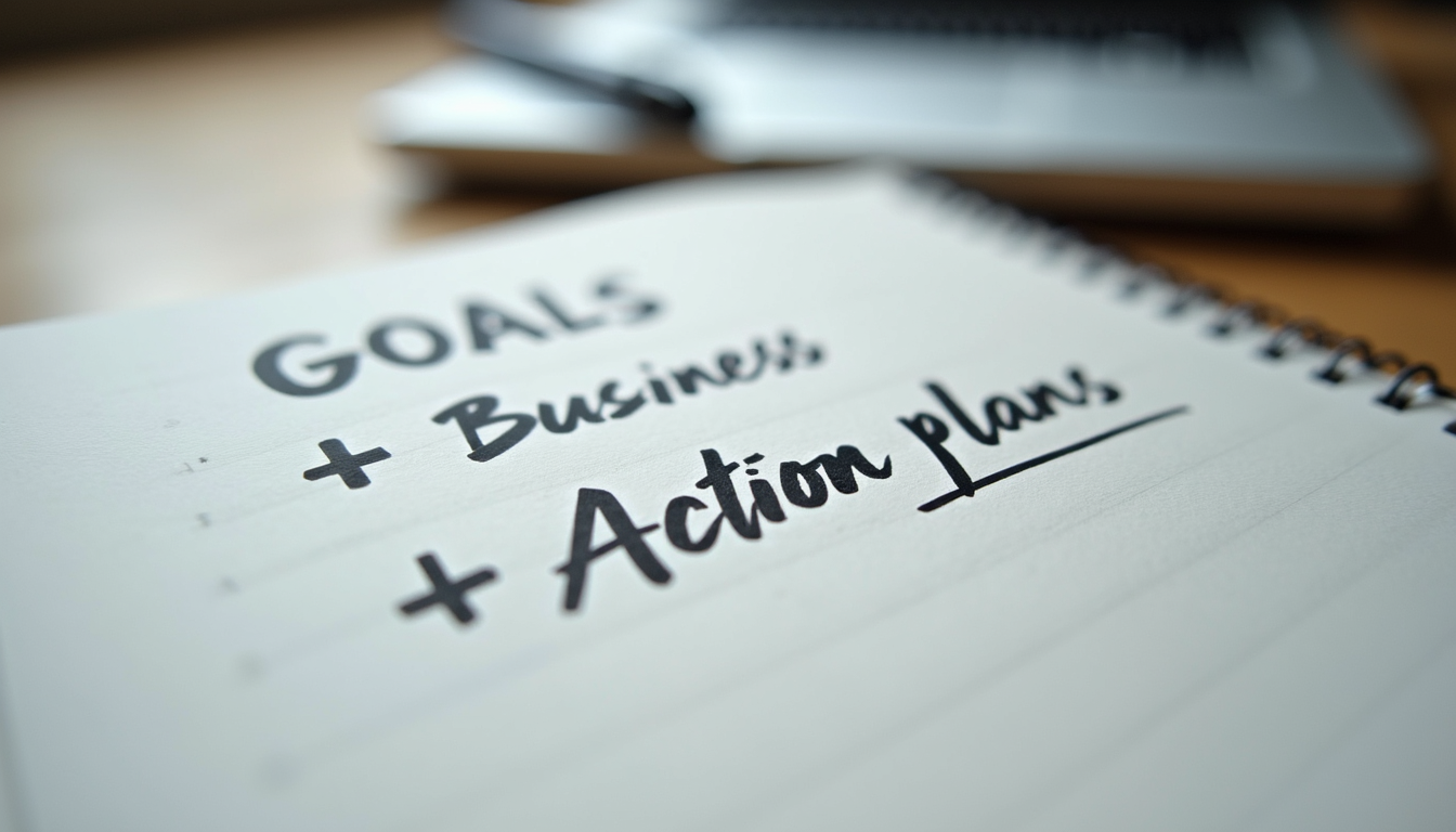 Close-up view of a notebook with business goals and action plans written down