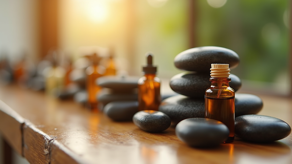 Close-up view of massage oils and stones arranged neatly on a wooden table