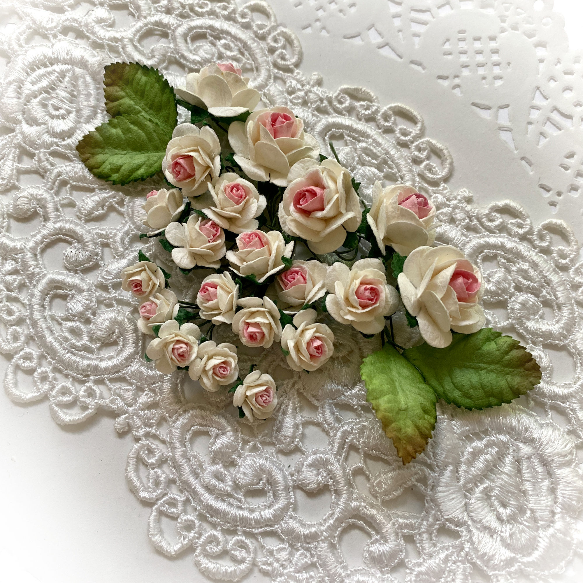Mini Pink And White Mulberry Paper Roses And Leaves Set of 24