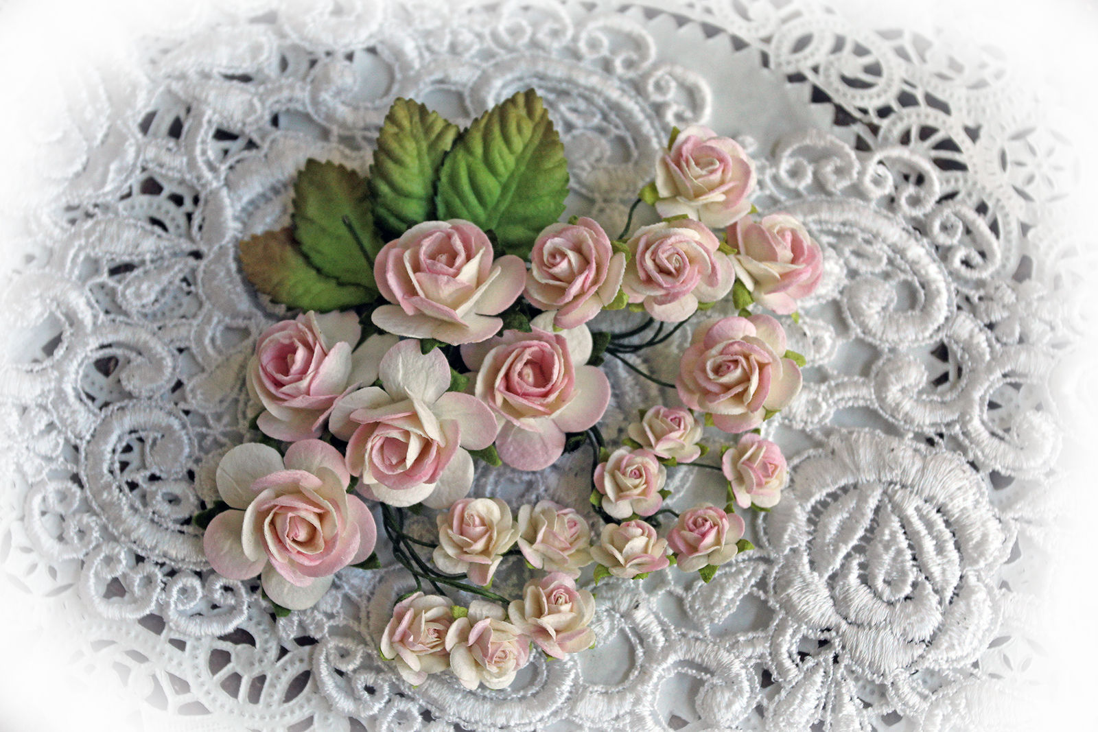 Mini Pink Sorbet Mulberry Paper Roses & Leaves Set