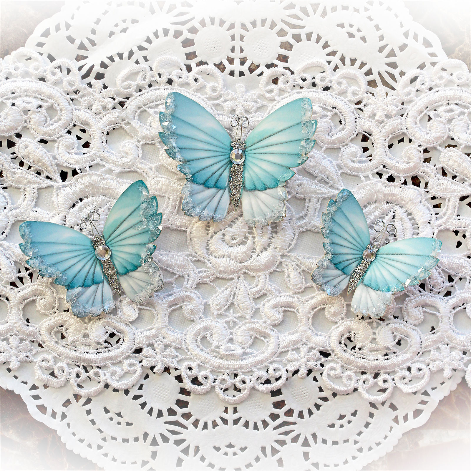Winter Teal Sky Premium Paper Glitter Glass Butterflies