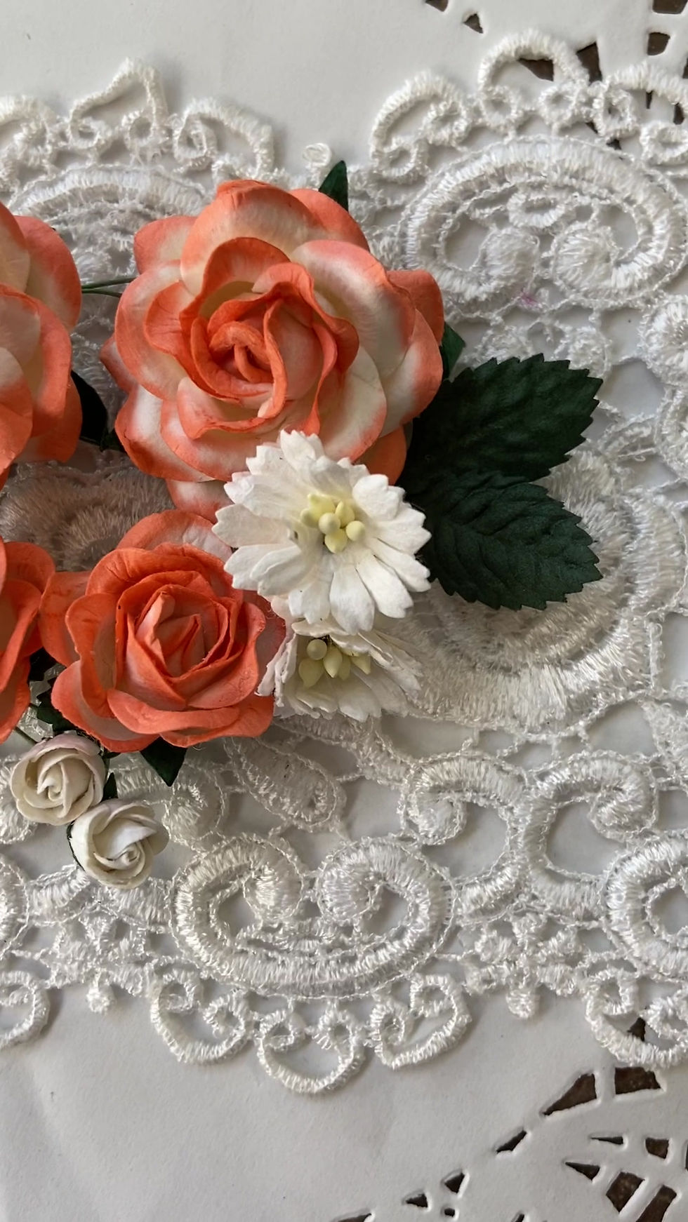 Thumbnail: Dark Peach And White Roses And Leaves Mulberry Paper Flower Set