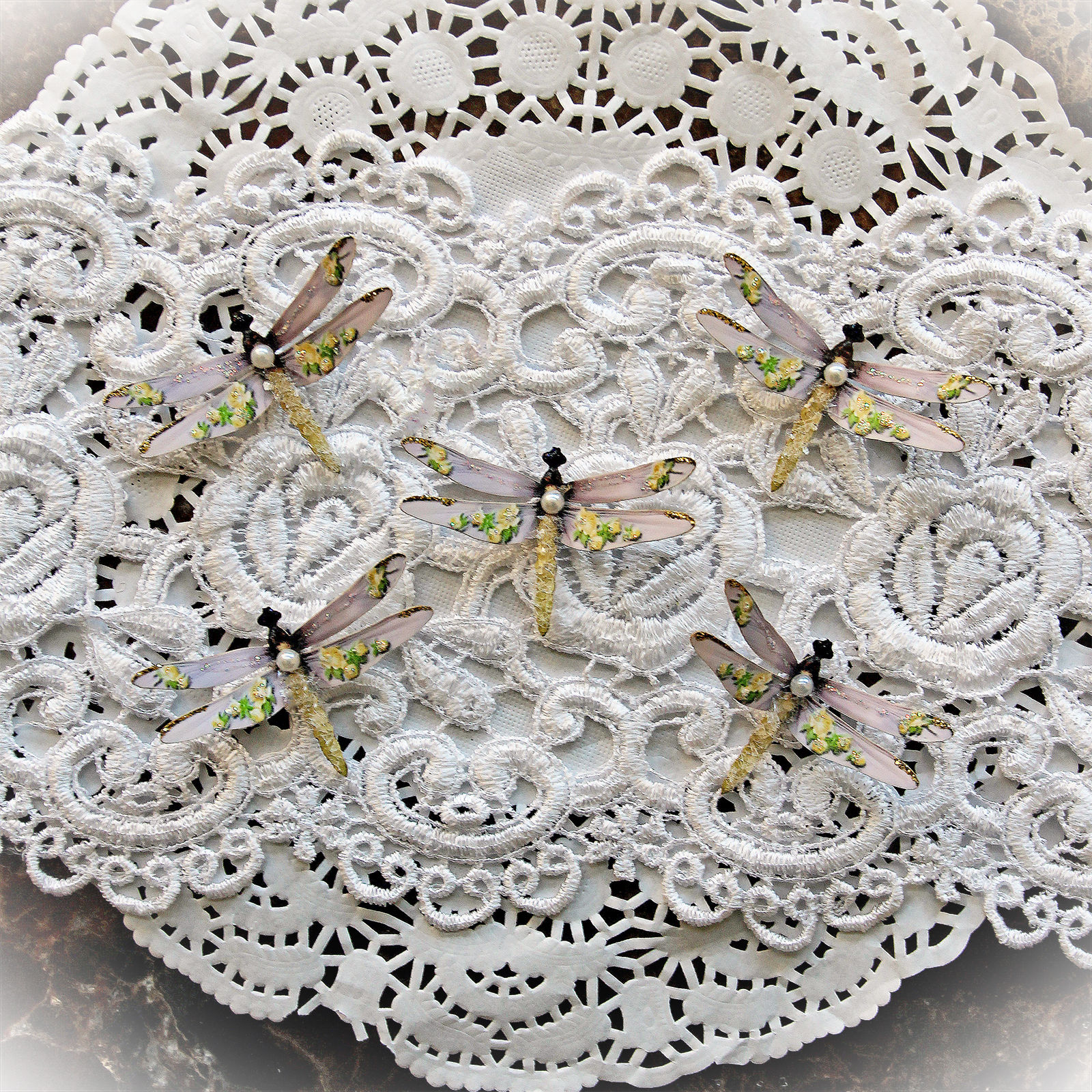 Tiny Treasures Watercolor Shabby Golden Roses Premium Paper Dragonflies