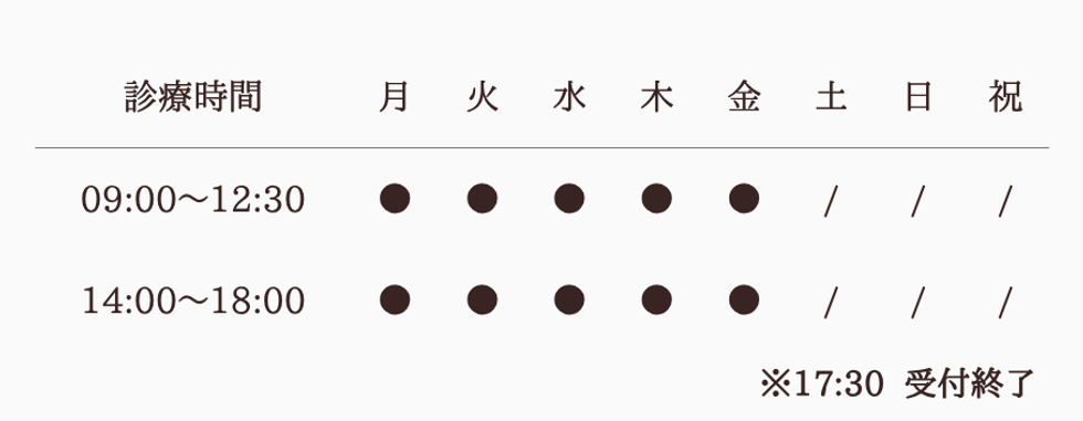 診療時間　月〜金　午前9時〜12時30分、午後14時〜18時　※17時30分受付終了　土日祝休診