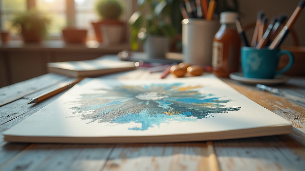 Eye-level view of a creative workspace with art supplies and a sketchbook