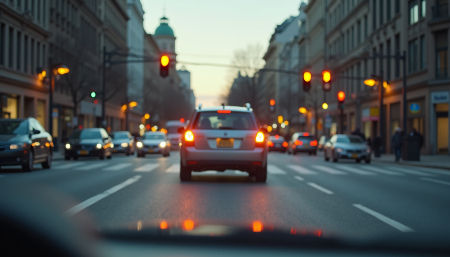 Eye-level view of a car approaching a yellow traffic light at an urban intersection