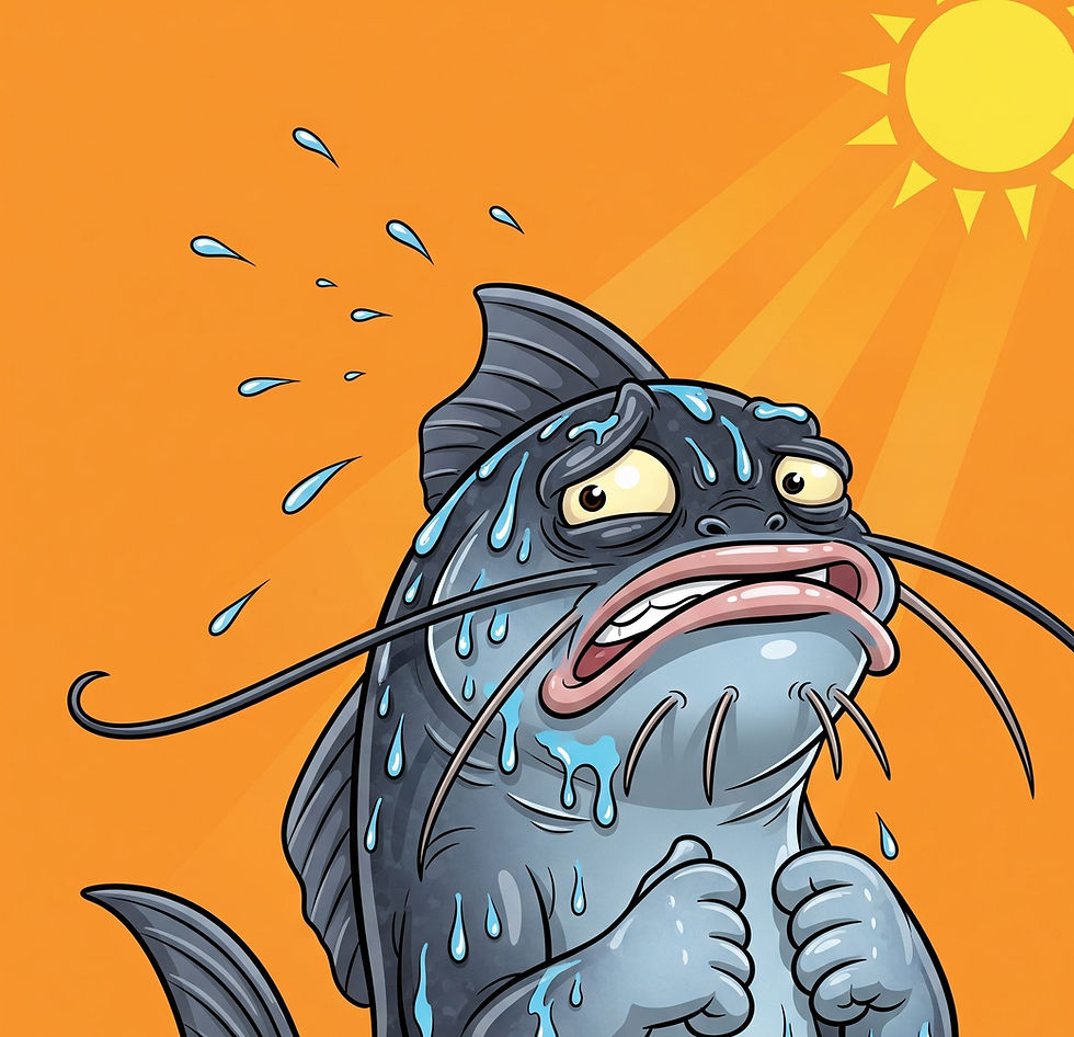 Catfish sweating under the scorching summer sun, looking overwhelmed and ready to dive back into cooler waters.