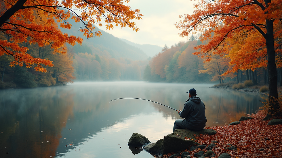 Eye-level view of a serene lake surrounded by autumn foliage