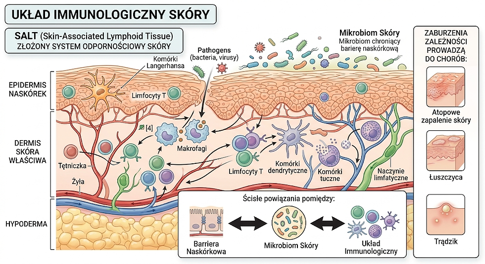 Prezentowany schemat anatomiczno-fizjologiczny ilustruje strukturę i funkcjonowanie układu odpornościowego związanego ze skórą (SALT – Skin-Associated Lymphoid Tissue). Wizualizacja przedstawia dystrybucję kluczowych komórek kompetentnych immunologicznie oraz ich interakcje ze środowiskiem zewnętrznym.