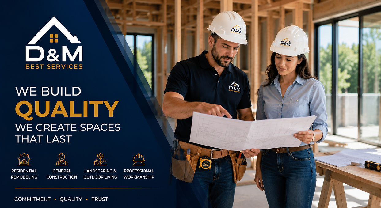 Professional construction and remodeling team from D&M Best Services reviewing architectural plans at a modern residential project.