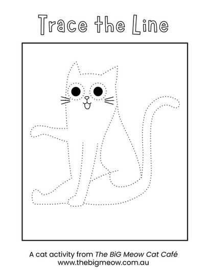 Trace the line cat activity sheet from The BiG Meow Cat Café children’s book