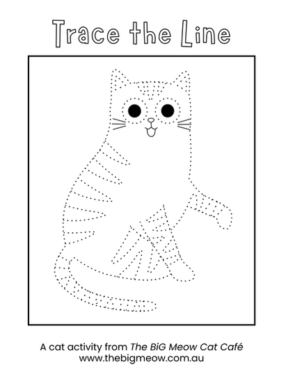Trace the line cat activity sheet from The BiG Meow Cat Café children’s book