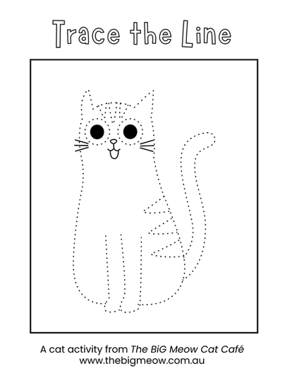 Trace the line cat activity sheet from The BiG Meow Cat Café children’s book