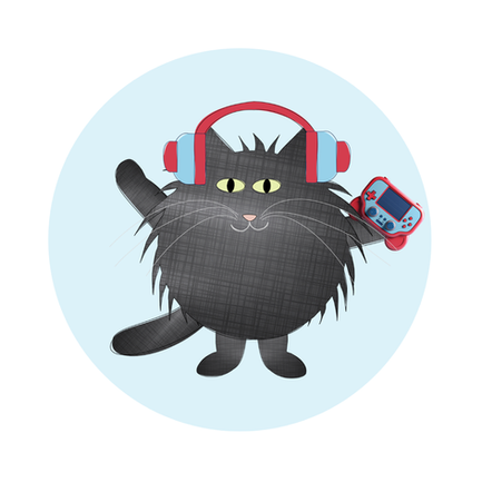 Black fluffy cat wearing headphones and holding a game controller.