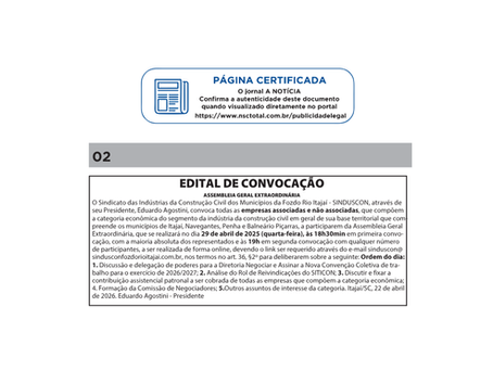 SINDUSCON CONVOCA ASSEMBLEIA GERAL EXTRAORDINÁRIA