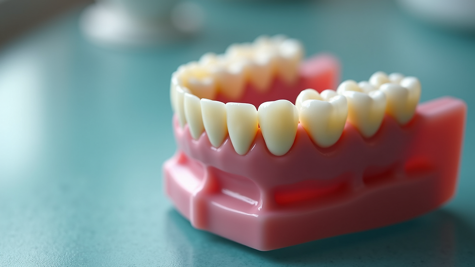 Close-up view of upper complete denture on a dental model