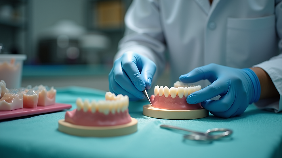 Eye-level view of a dental technician crafting dentures in a lab