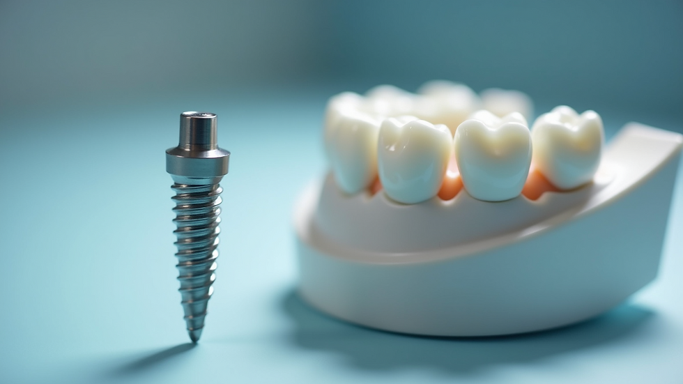 Close-up view of dental implant model showing titanium post and crown