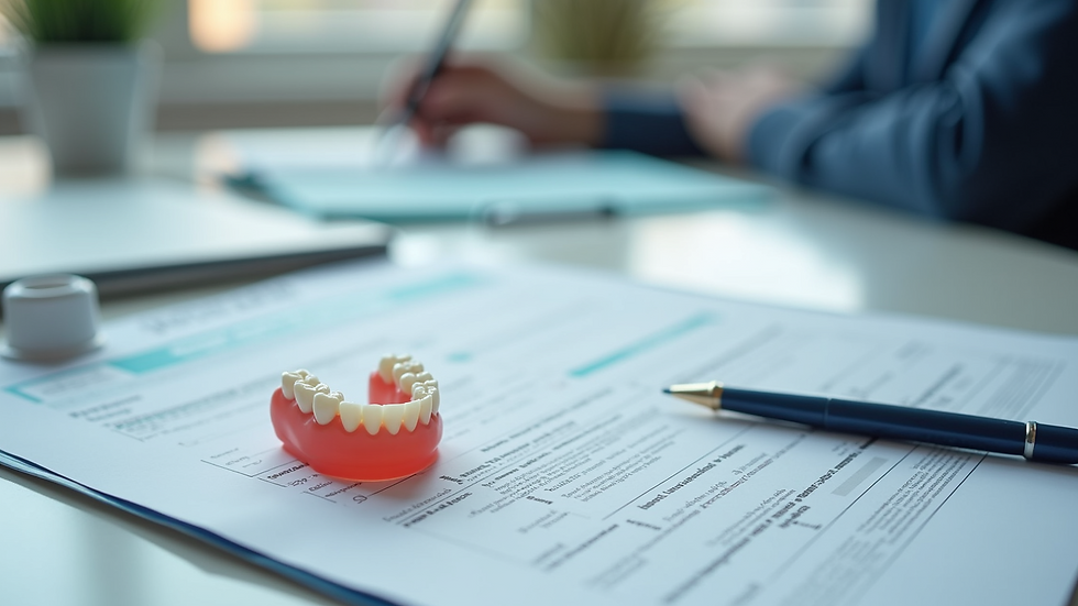 High angle view of dental insurance forms and dentures on a desk