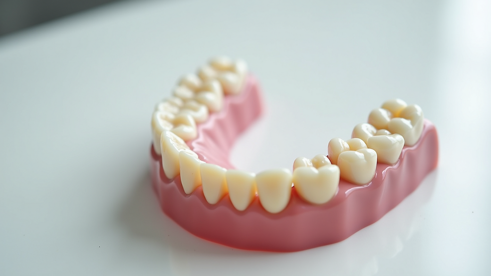 Close-up view of a set of complete dentures on a white surface