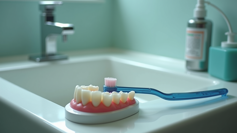 High angle view of denture cleaning tools on bathroom counter