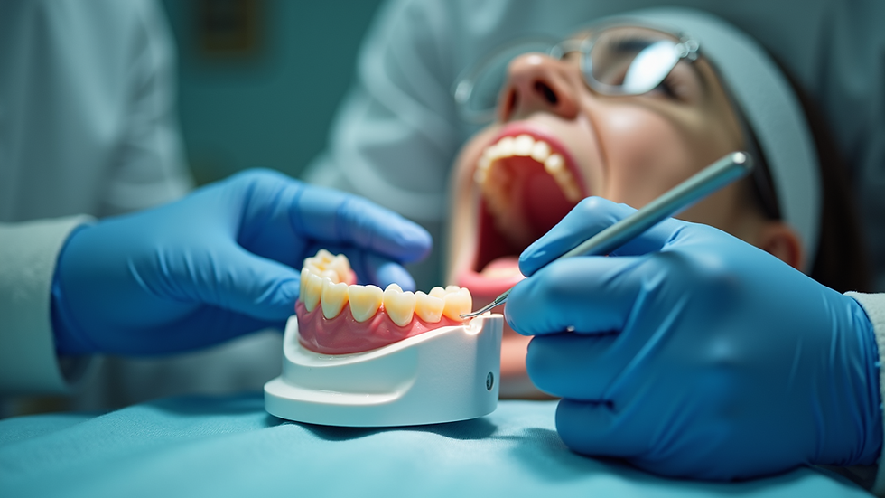 Eye-level view of dental prosthetist working on denture fitting