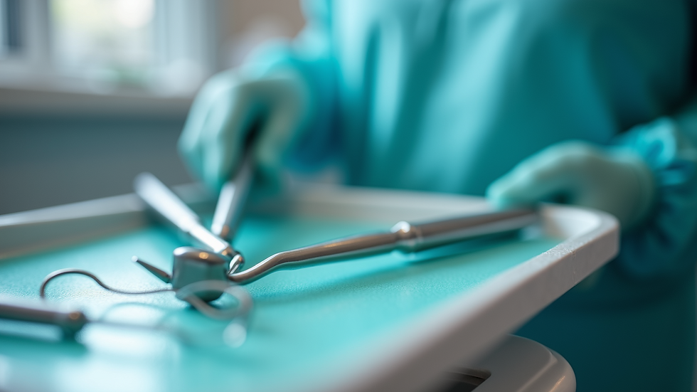 Close-up view of dental tools on a sterile tray in a dental office
