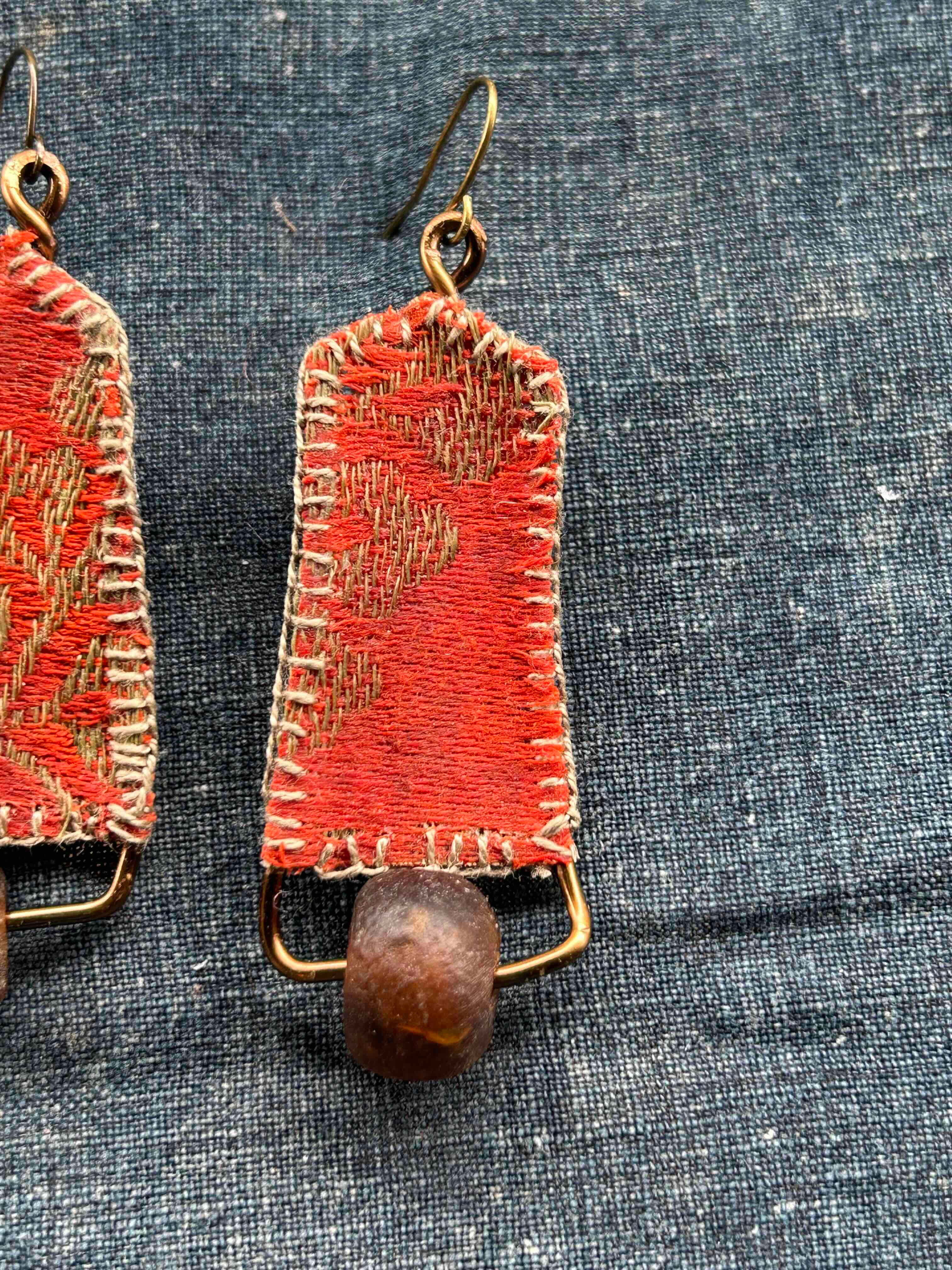 Freestyle earrings with kimono (obi) silk fabric and brown recycled glass bead