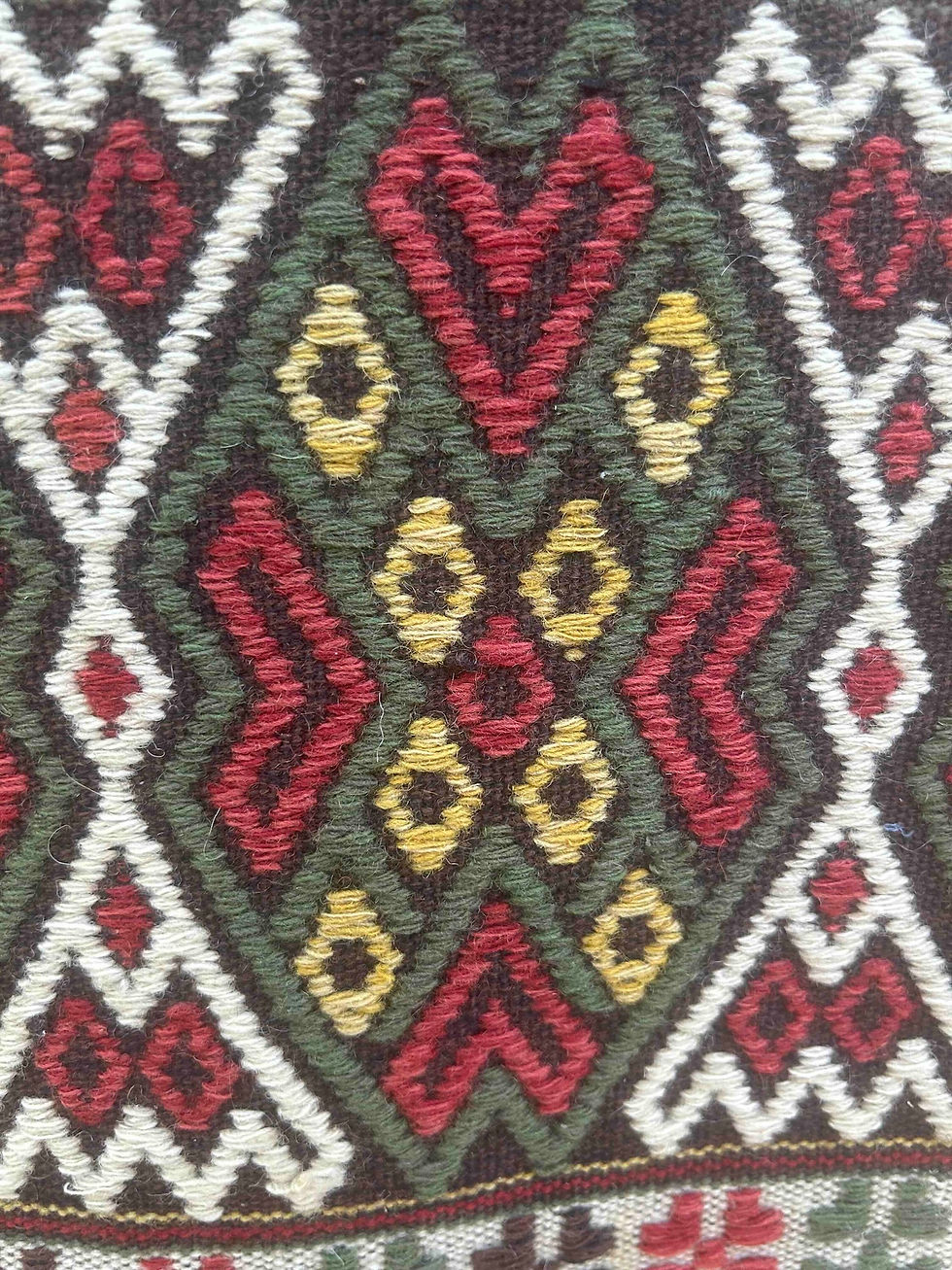 Thumbnail: Krabbasnår technique, Swedish vintage weave in green, rust, yellow