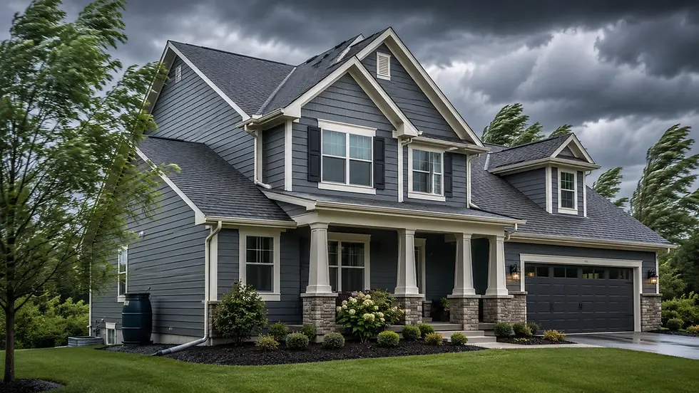 Suburban home exterior prepared for severe weather with roof, siding, gutters, and windows visible before a storm.