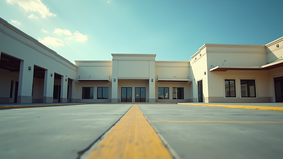 Eye-level view of commercial building exterior with clear sky