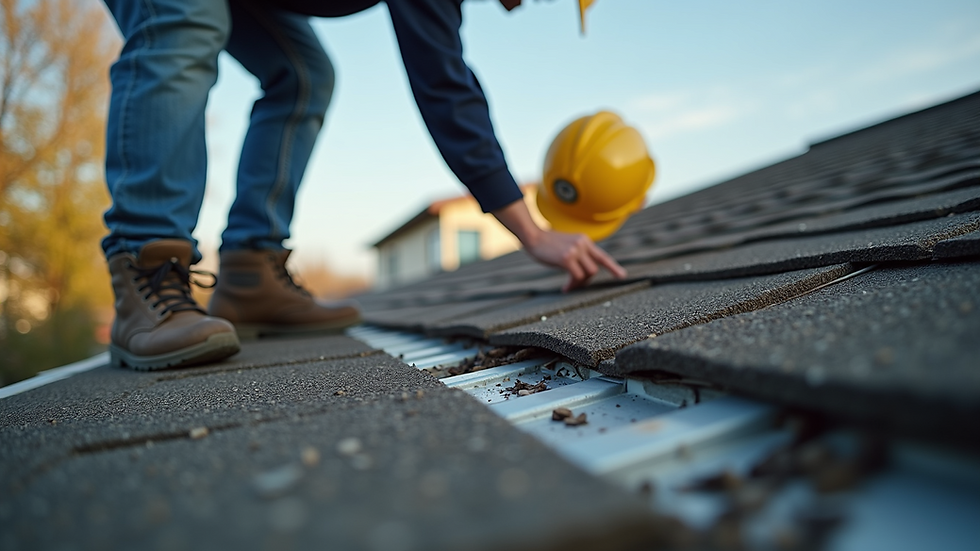 Eye-level view of a home inspector examining a roof for damage