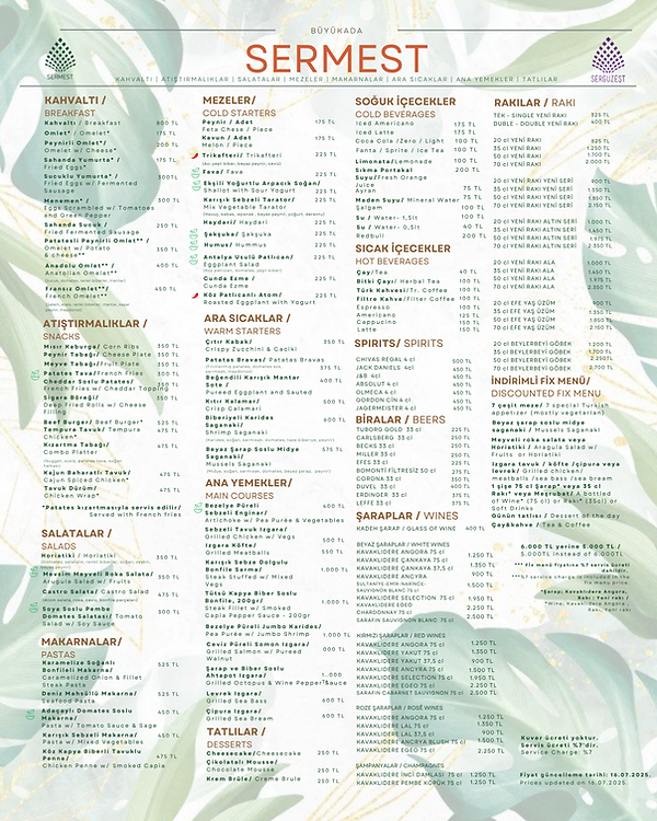 Büyükada Sermest Restoran Menü