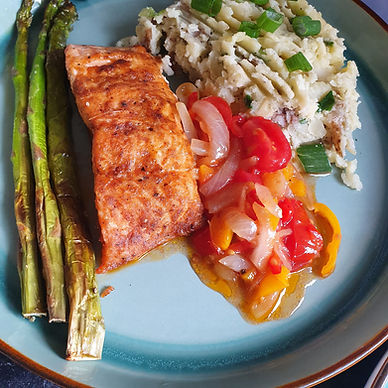 Jamaican spiced Salmon, Asparagus &  spring onions Champ