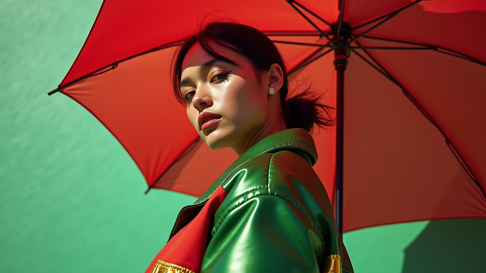 Eye-level view of a streetwear outfit featuring red, gold, and green colors