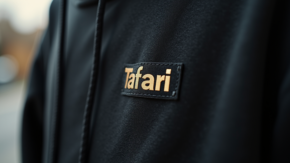 Close-up view of a Tafari clothing tag on a hoodie