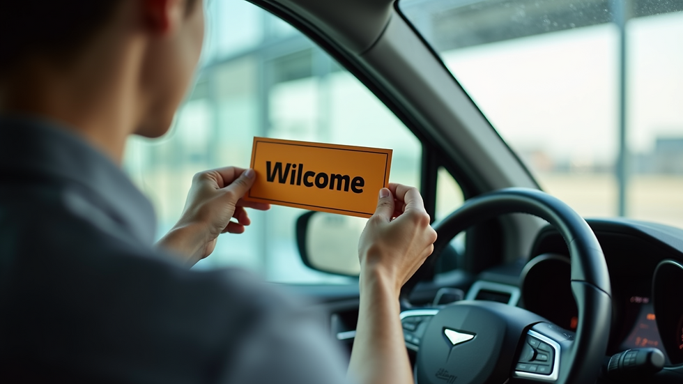 Close-up view of a driver holding a welcome sign at the airport arrival area