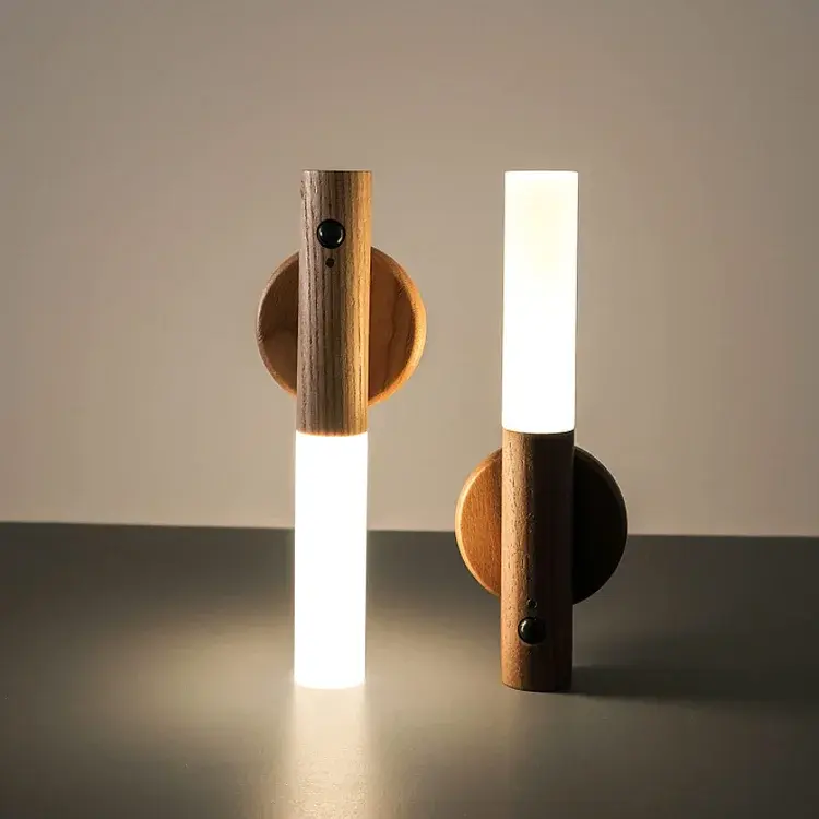 Thumbnail: Two wooden LED motion sensor wall lamps on a surface