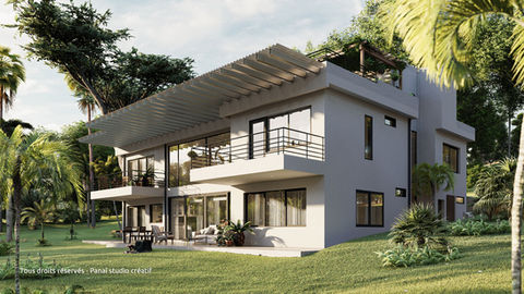 Photorealistic 3D render of an exterior architectural design.